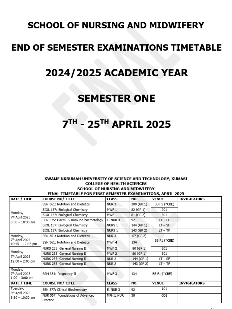 Nursing Exam Timetable 2025 KNUST | PDF | Medicine | Health Care