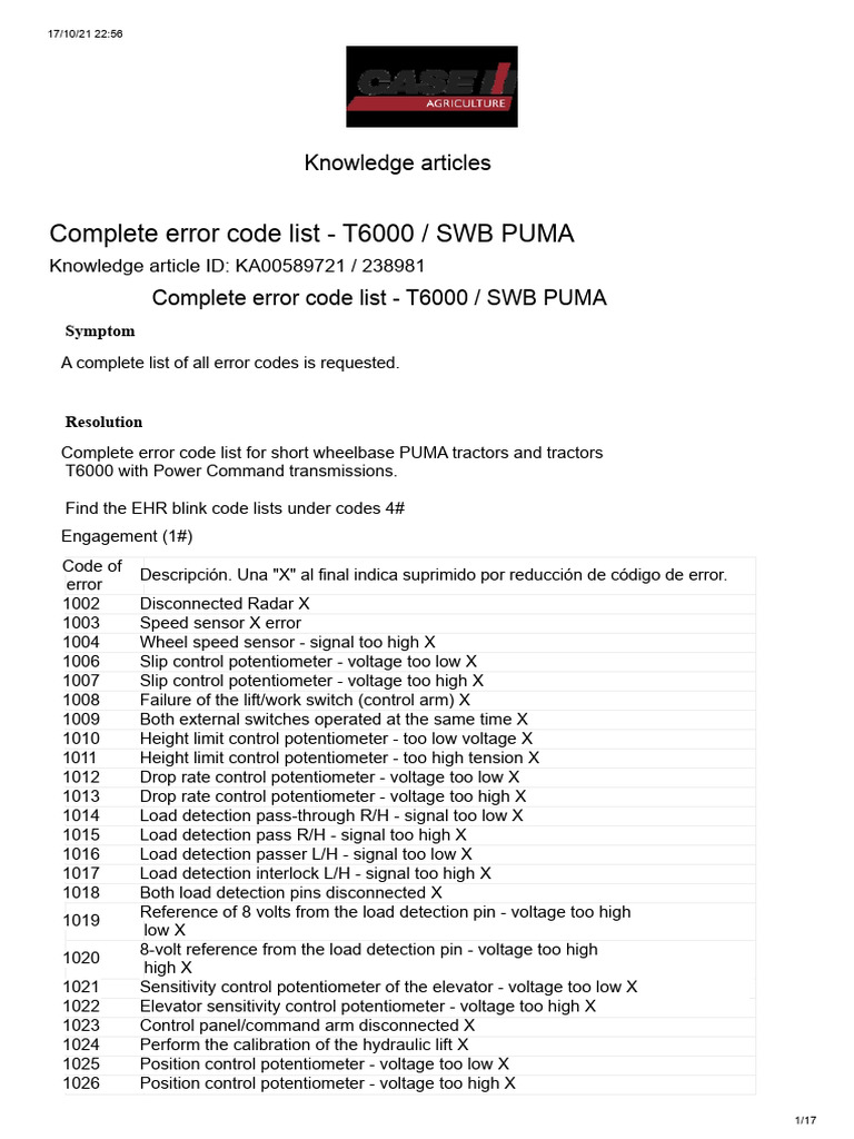 T6000 PUMA Error Code List | PDF | Manual Transmission | Clutch