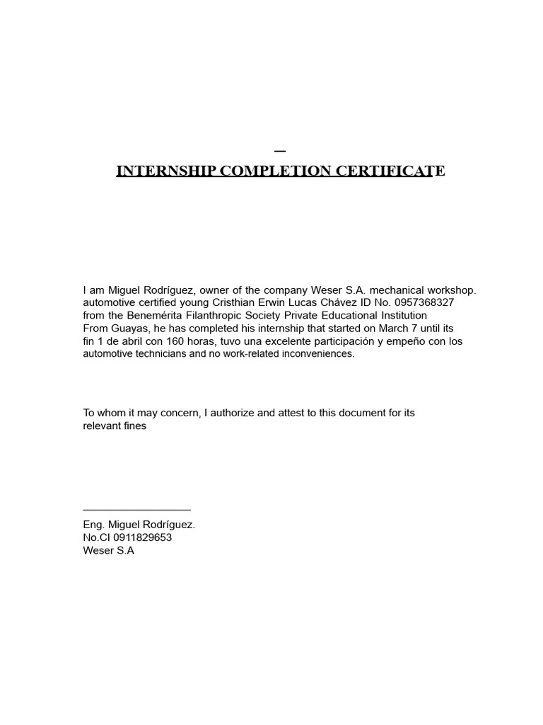 Internship Completion Certificate - Weser S.A. | PDF