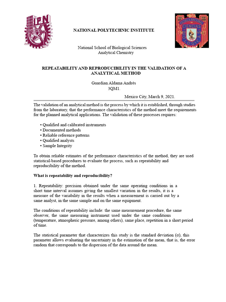 Validation of Analytical Methods: Repeatability & Reproducibility | PDF ...