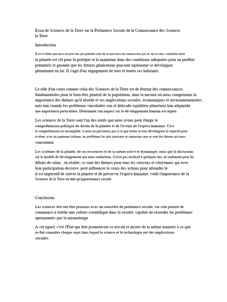Essai de Sciences de La Terre Sur La Pertinence Sociale de La ...