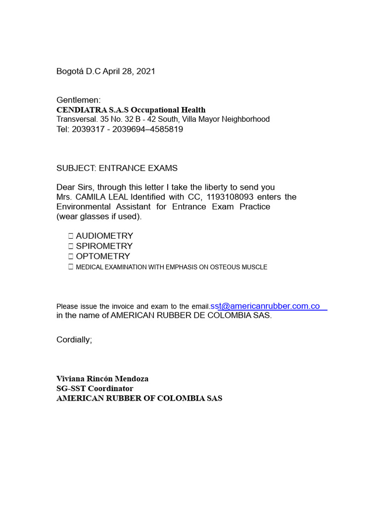 Entrance Exam Letter Camila L | PDF