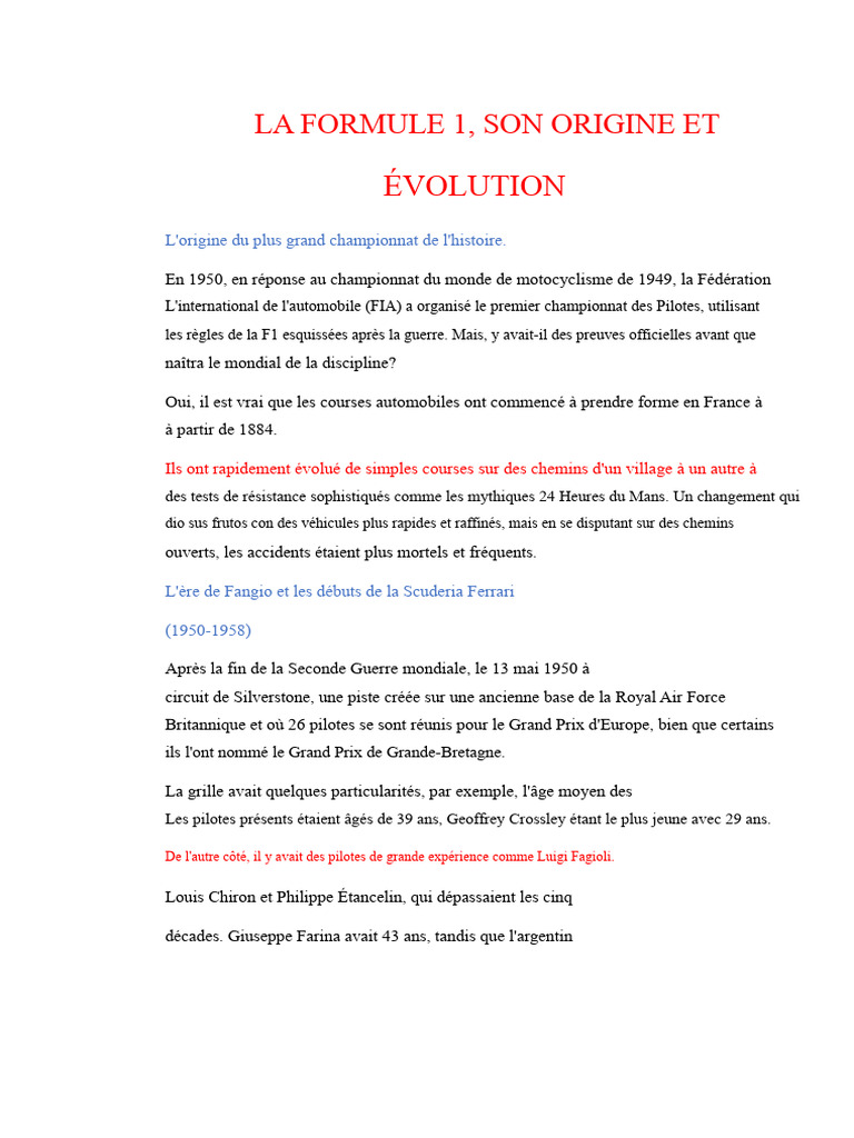 Histoire et évolution de la Formule 1 | PDF | Formule 1 | Championnats ...