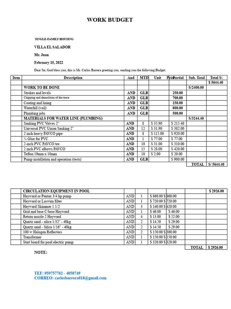 Swimming Pool Project Budget | PDF | Building Materials | Mechanical ...