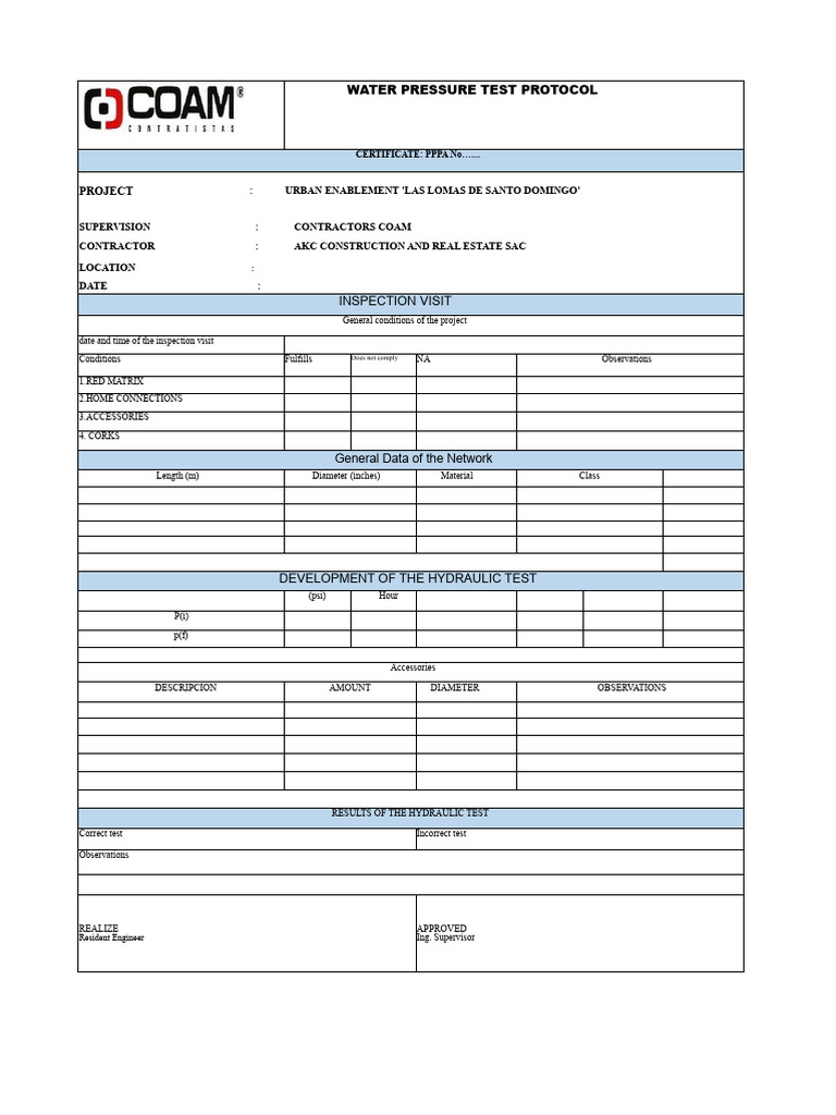 Water Pressure Test Protocol | PDF