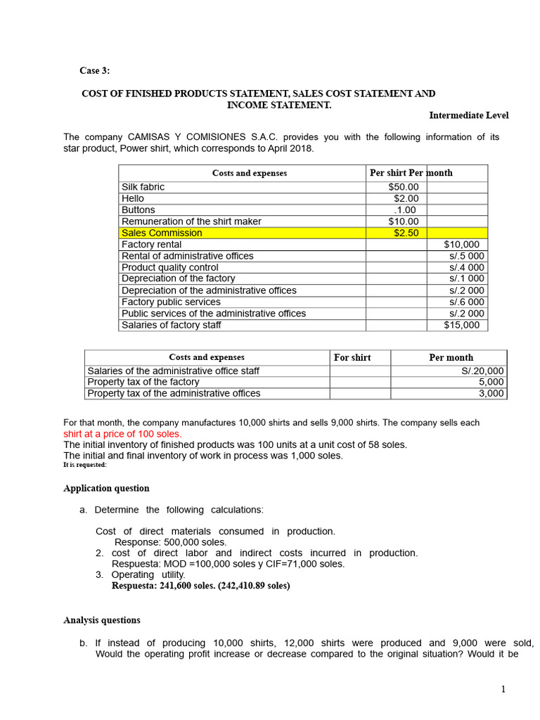 Solution of Case 3 Cost Statement of Finished Products, Cost of Sales ...
