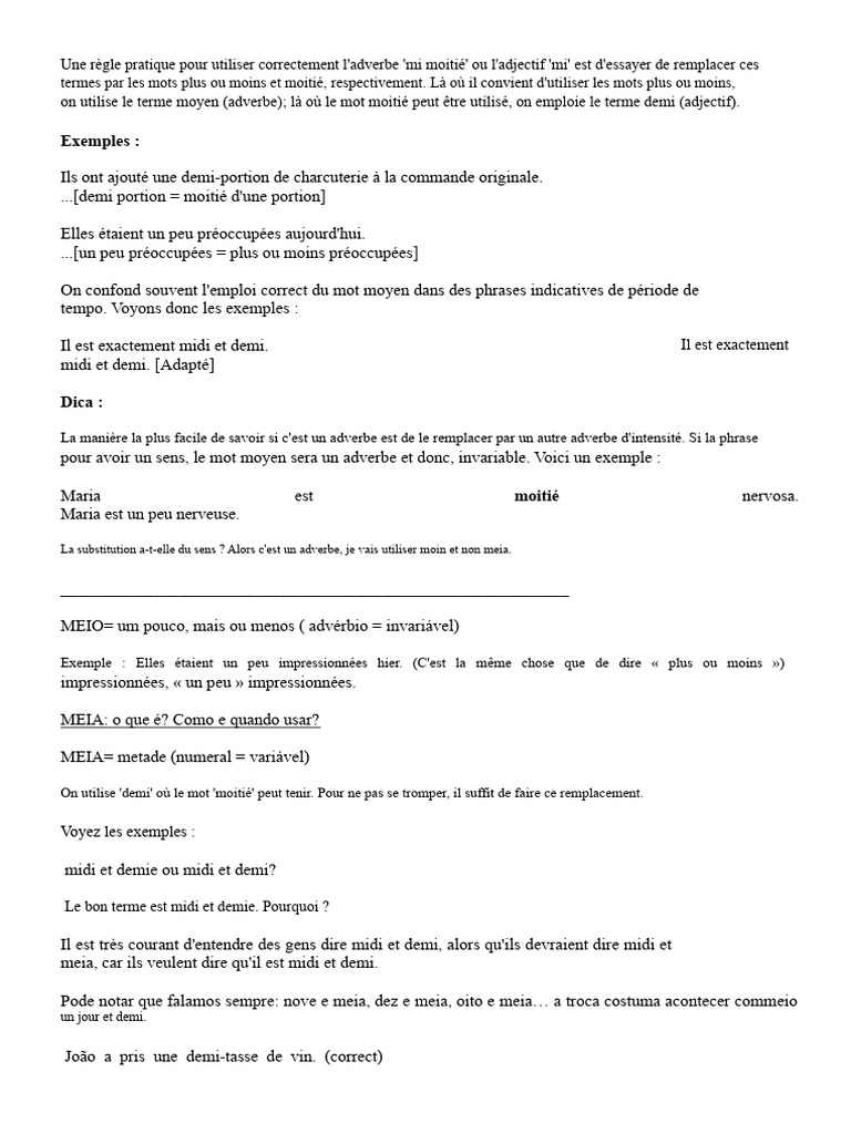 Utilisation correcte de 'mi' et 'demi' | PDF | Adverbe | Grammaire