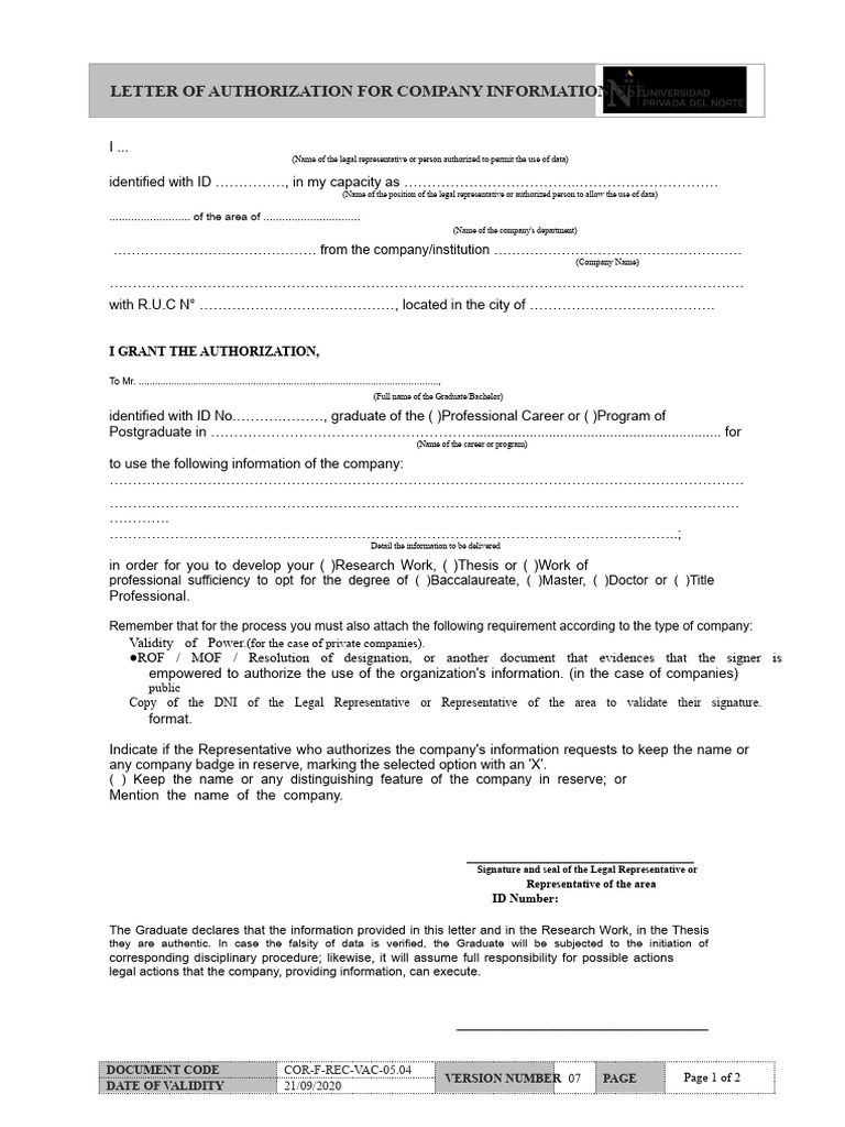 Company Information Use Authorization Letter | PDF