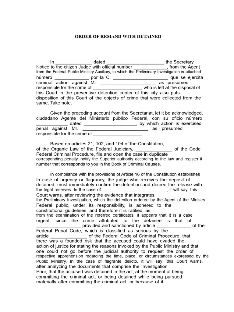 Order of Remand for Detained Individual | PDF | Criminal Procedure In ...