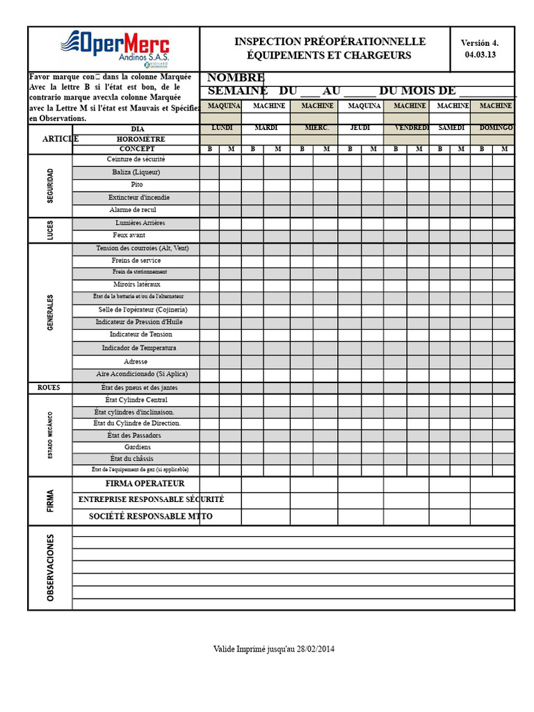 Inspection Préalable Équipements Chargeurs | PDF