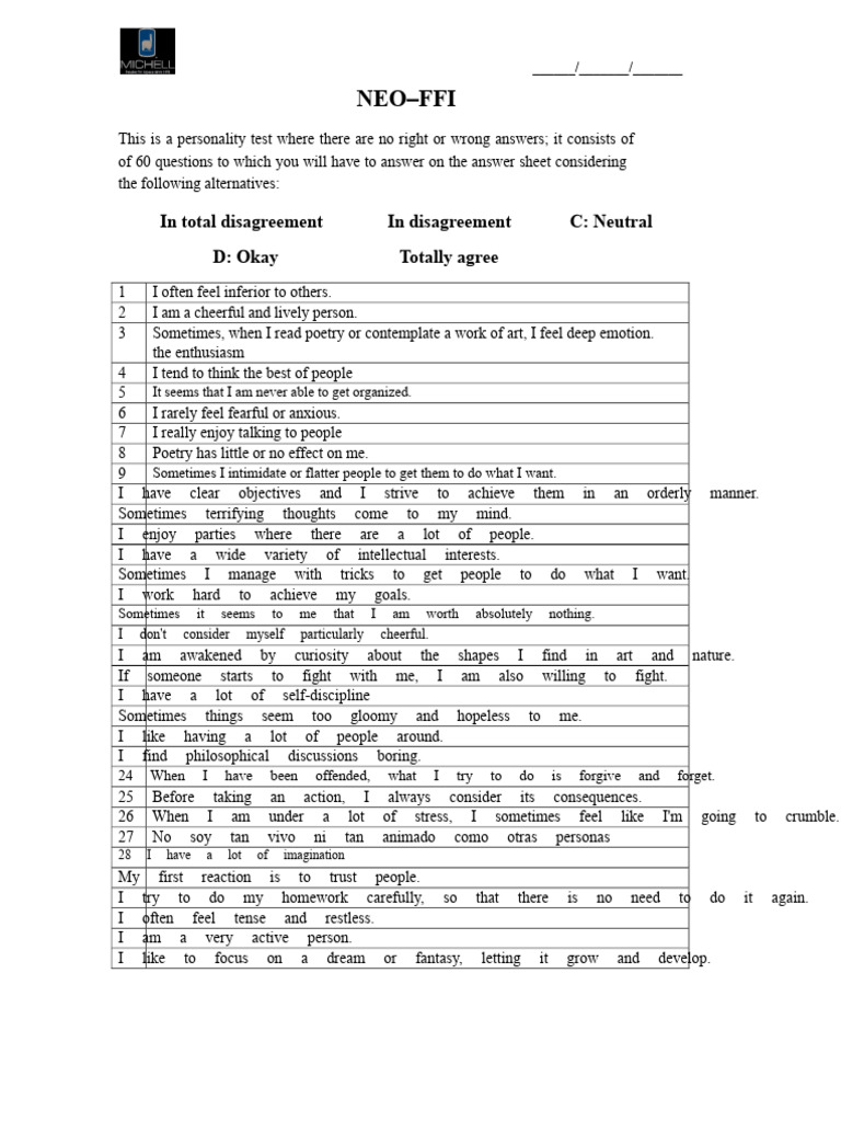 NEO FFI Questionnaire | PDF | Behavioural Sciences | Psychological Concepts