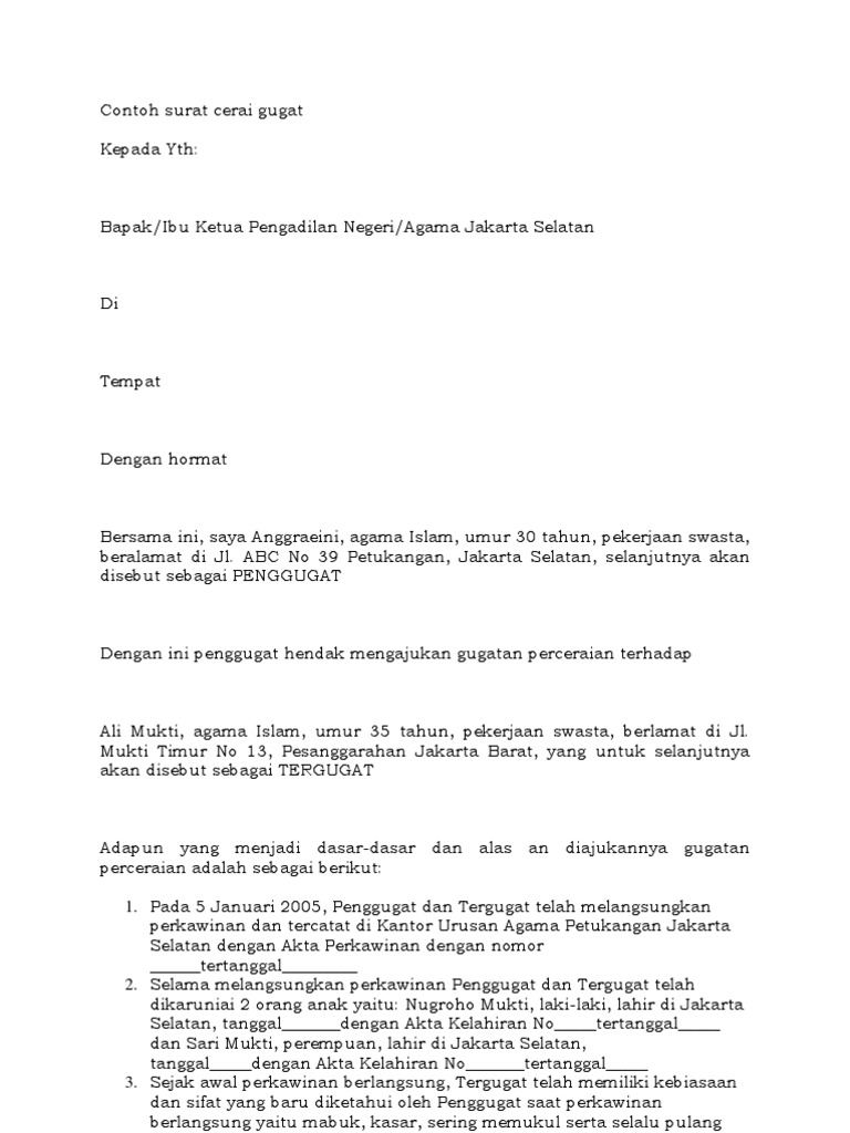 Contoh Surat Cerai Gugat