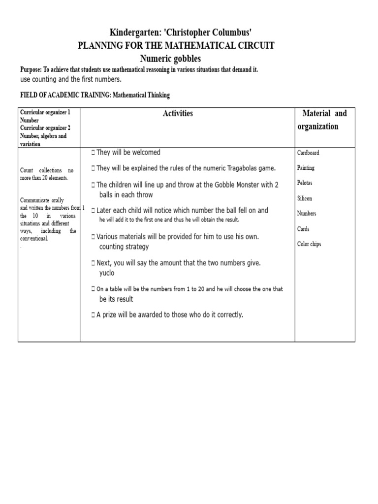 Kindergarten Math Activities Plan | PDF | Mathematics