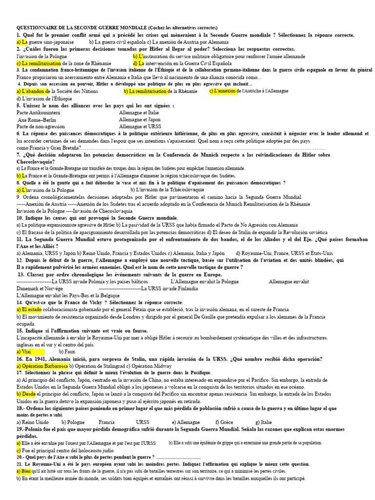 Questionnaire sur la Seconde Guerre mondiale | PDF | Seconde Guerre ...