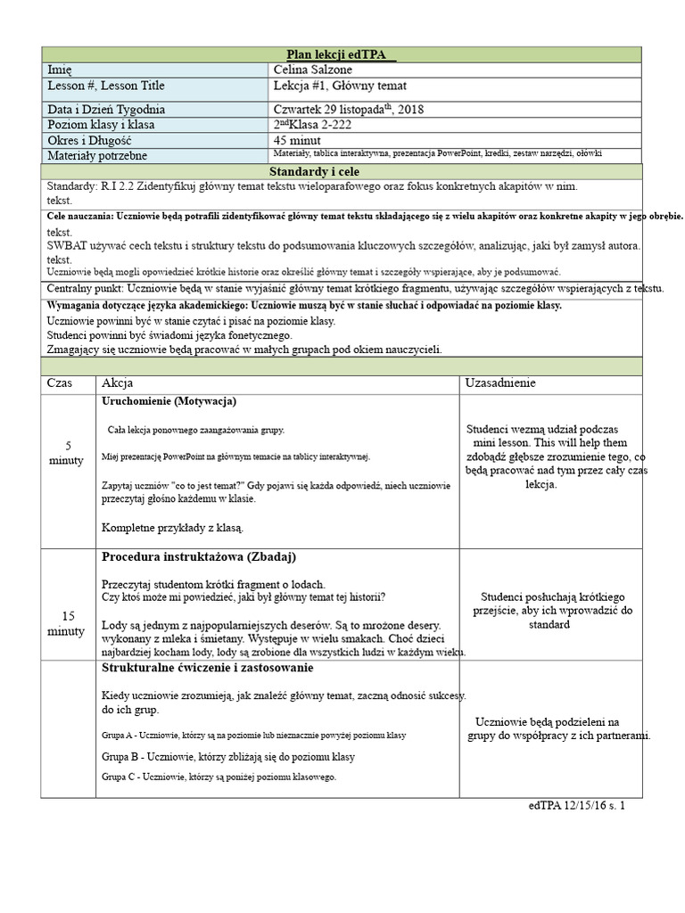 Plan Lekcji Edtpa | PDF