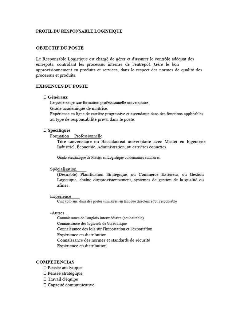 Profil du Responsable Logistique | PDF | Logistique | Entrepôt