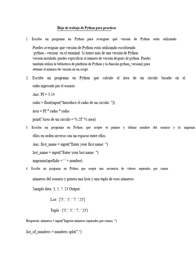 Ejercicios de Python para principiantes | PDF | Python (lenguaje de ...