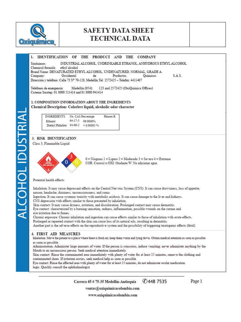 Alcohol-Industrial-safety Data Sheet PDF | PDF | Ethanol | Chemical ...
