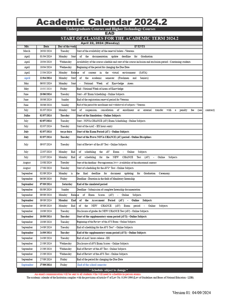 Academic Calendar 2024.2 Overview | PDF | Academic Term | Educational ...
