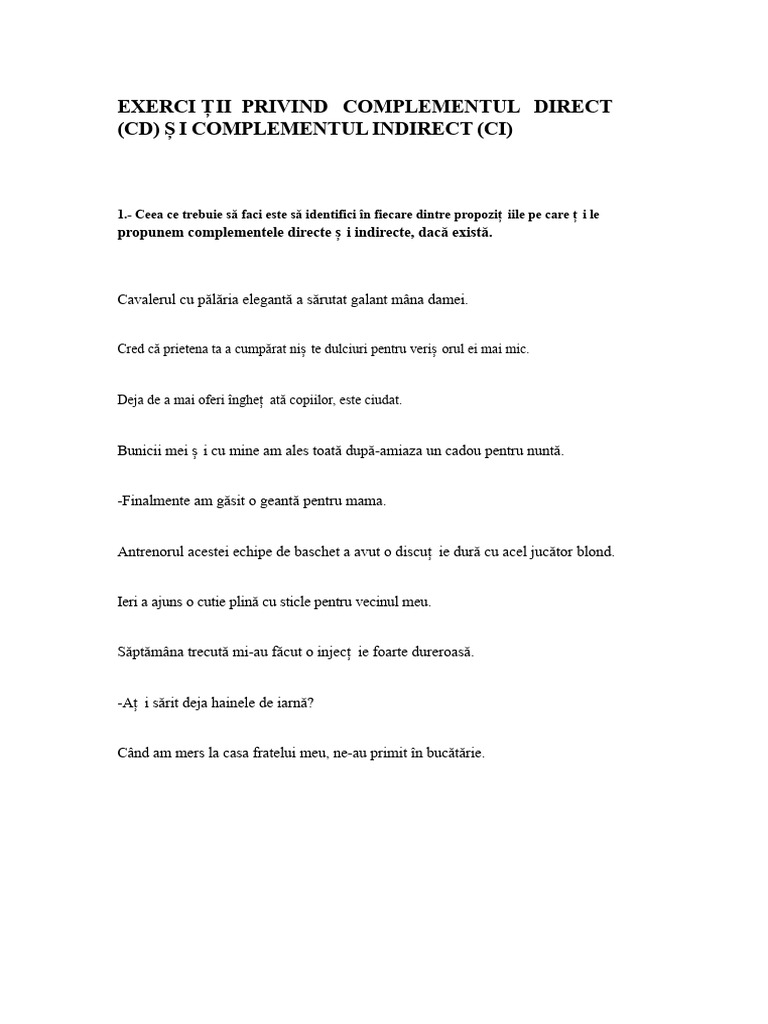 Exerciții de Complement Direct Și Complement Indirect | PDF