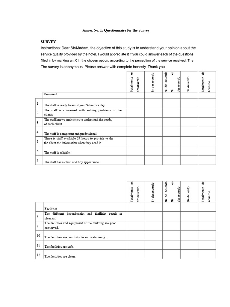 Hotel Service Quality Survey Questionnaire | PDF