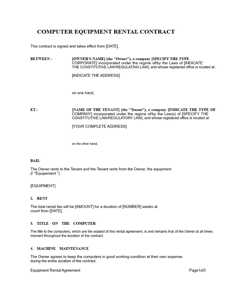 Computer Equipment Rental Agreement | PDF | Leasehold Estate | Renting