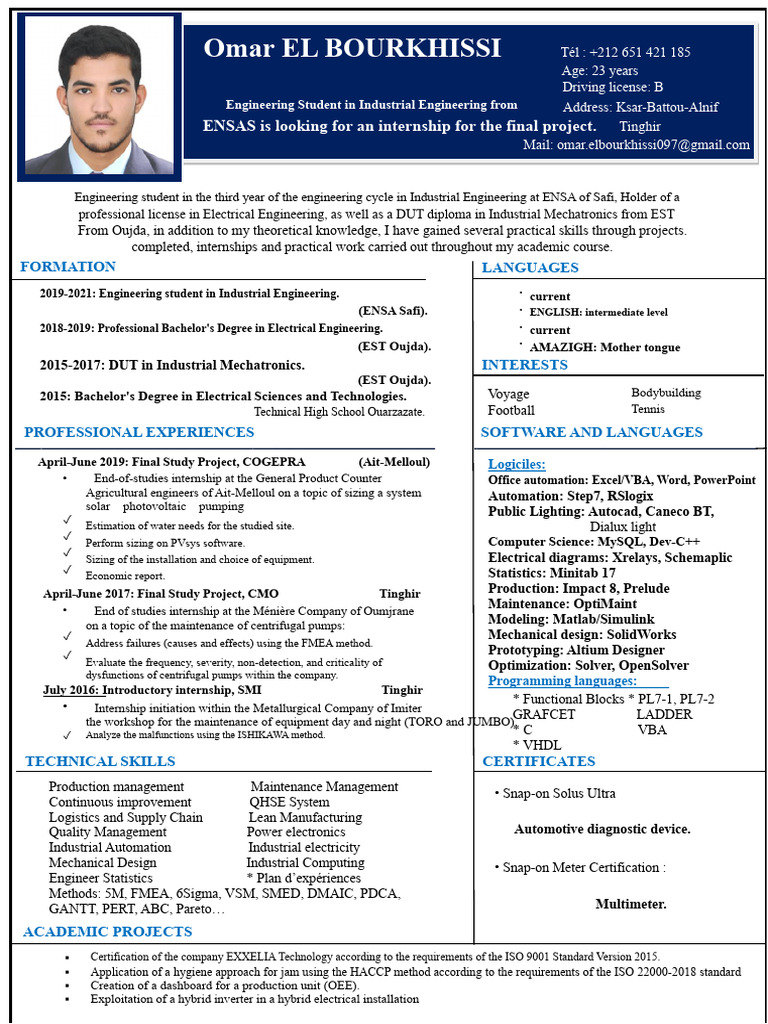 CV-Omar EL BOURKHISSI - PFE-Industrial-Engineering PDF | PDF