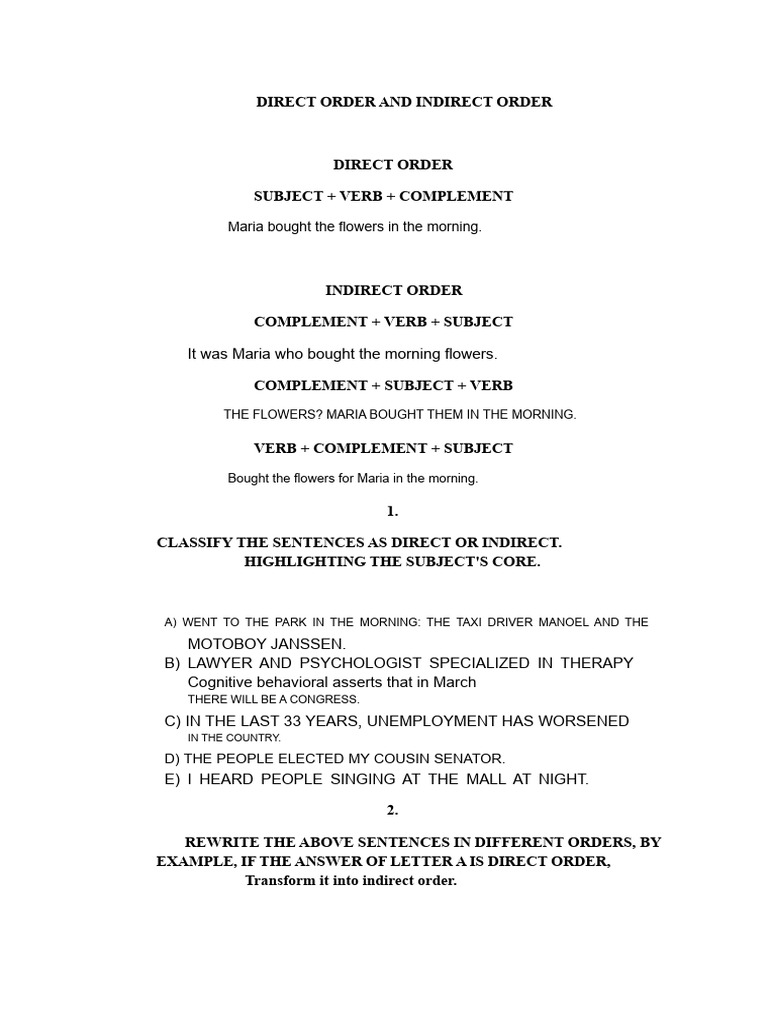 Direct Order and Indirect Order | PDF | Subject (Grammar) | Verb