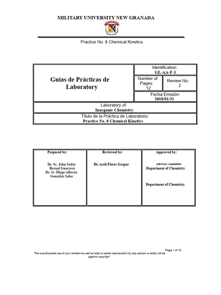 Chemical Kinetics Laboratory Guide | PDF | Reaction Rate | Chemical ...
