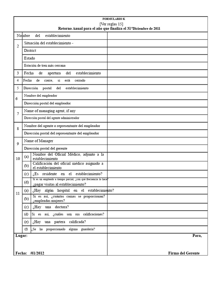 Formulario K: Retorno Anual 2011 | PDF