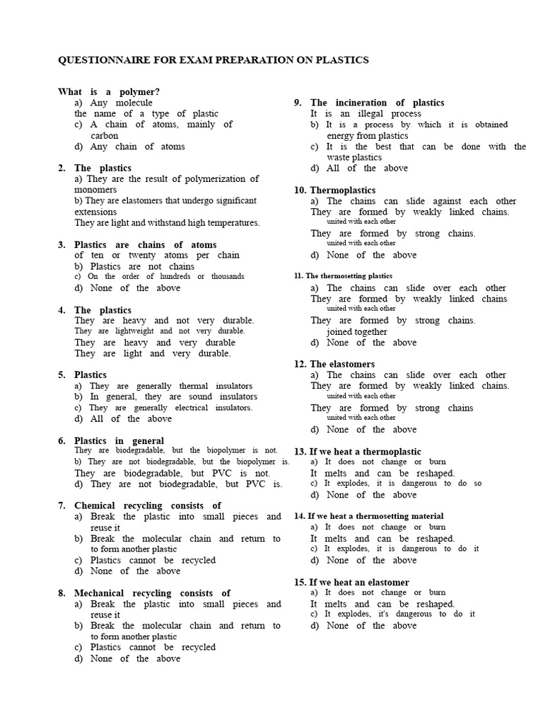Plastics Exam Preparation Questionnaire | PDF | Polymers | Plastic