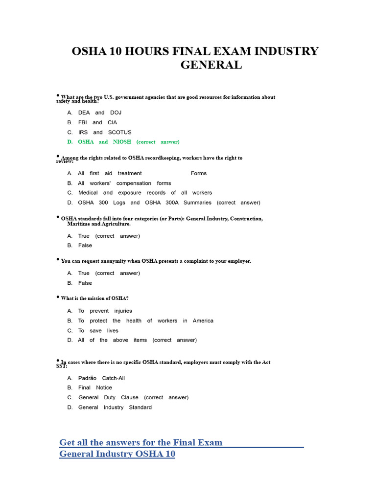OSHA 10 Hour Exam Answers Guide | PDF | Occupational Safety And Health ...