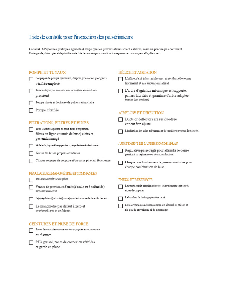 Inspection des pulvérisateurs : Checklist CanadaGAP | PDF | Pompe ...