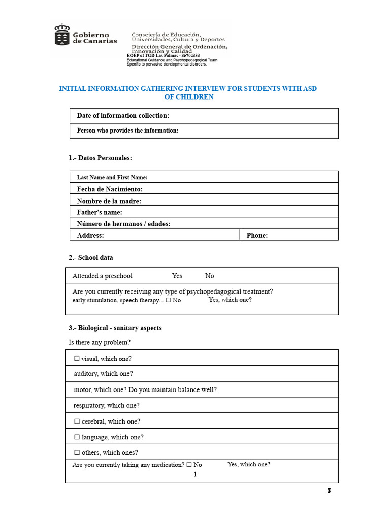 Family Interview. Observation Table | PDF | Developmental Disorder ...