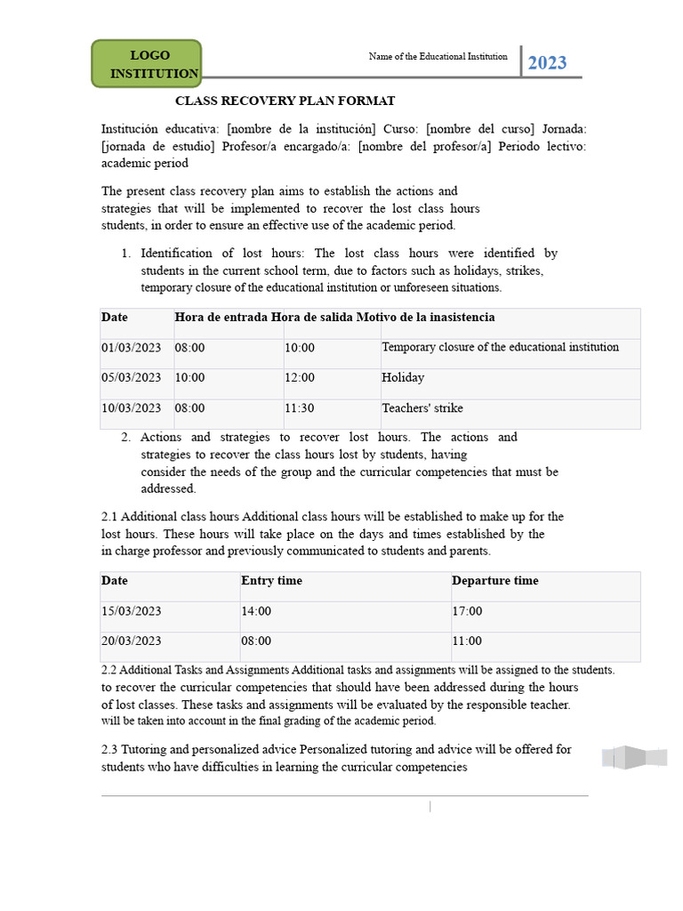Class Recovery Plan Template 2023 | PDF