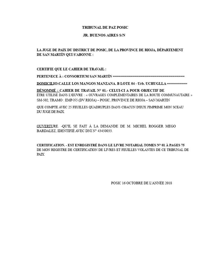 Certificat de travail Tribunal de Paz Posic | PDF