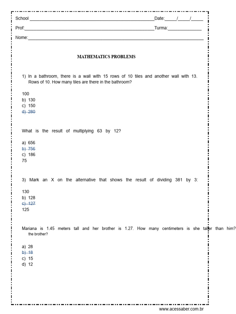 Math Problems 5th or 6th Grade Answers | PDF