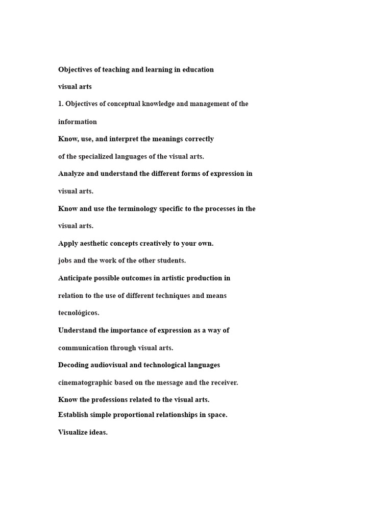 Visual Arts Education Objectives and Activities | PDF | Drawing | Dyeing