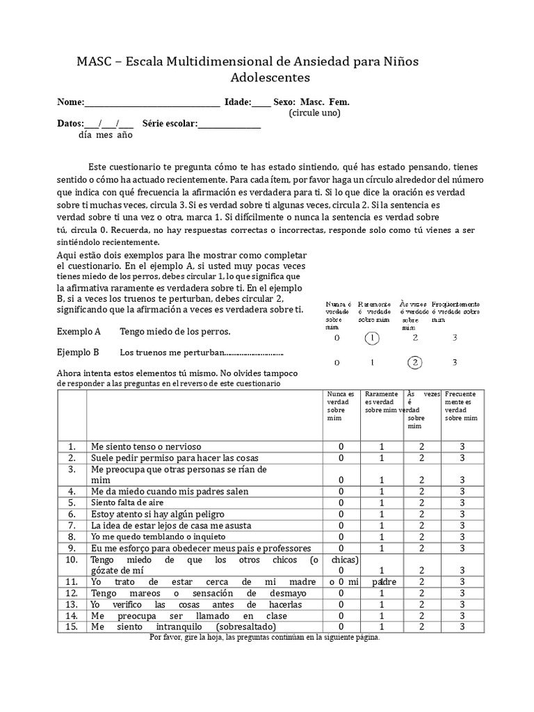 Cuestionario MASC para Ansiedad Infantil | PDF | Ansiedad | Cuestionario
