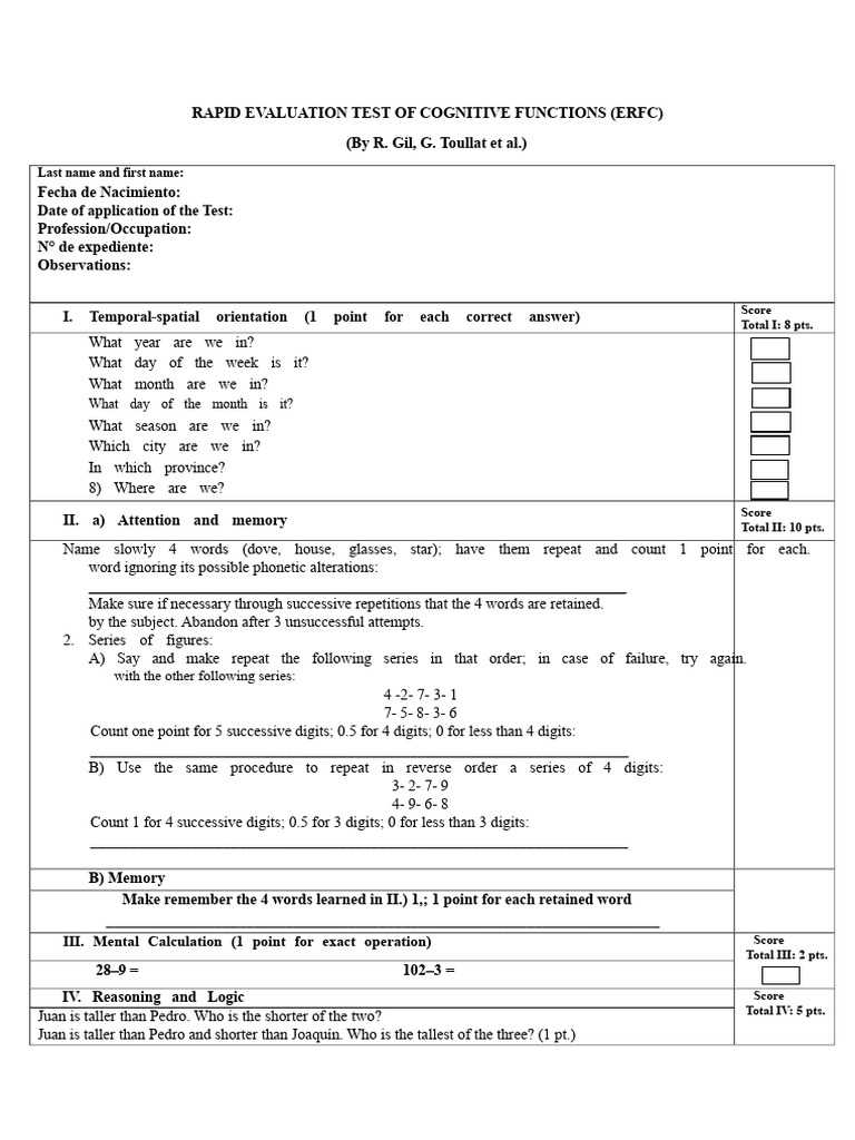 Quick Assessment Test of Cognitive Functions | PDF | Memory | Attention