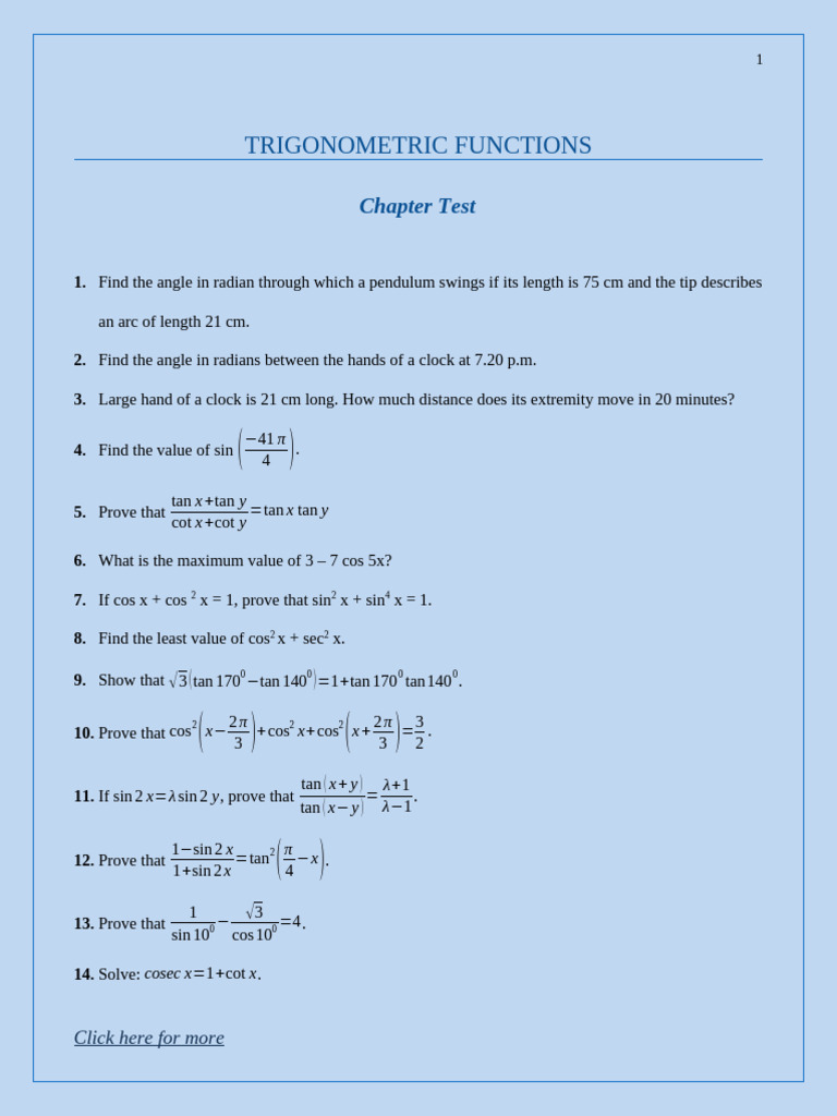 Trigonometric Functions - Chapter Test | PDF