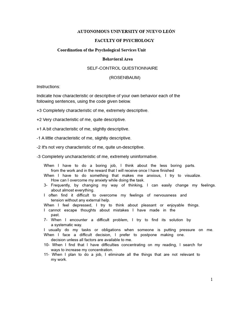 Self-Control Questionnaire Guide | PDF | Self Control | Self-Management