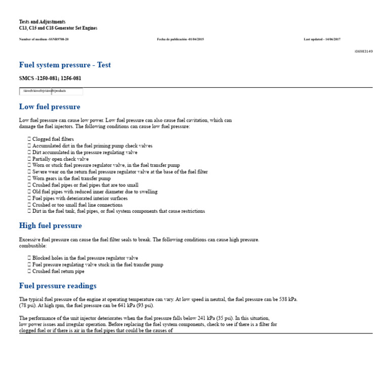 Fuel Pressure Issues in Generator Engines | PDF