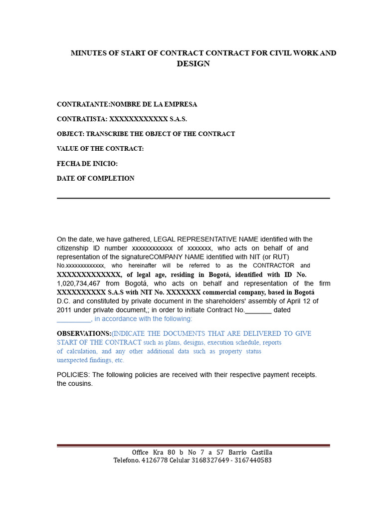 Model Act of Start of Civil Work Contract For Companies | PDF | Business