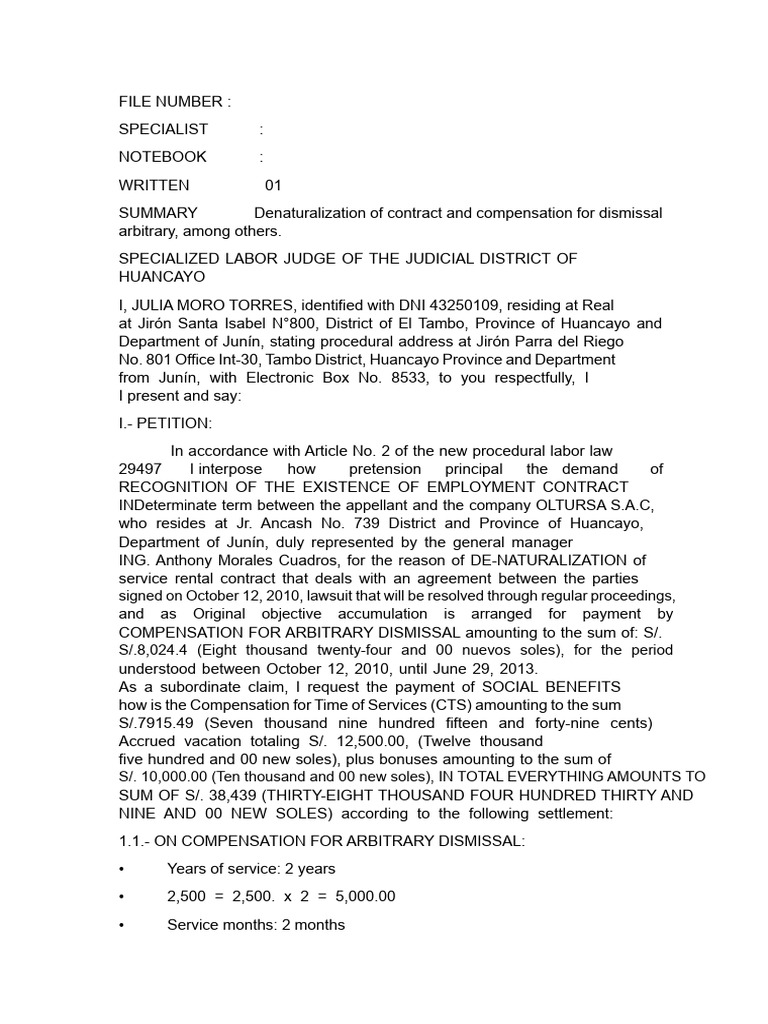 Model Demand For Denaturalization of Employment Contract | PDF ...