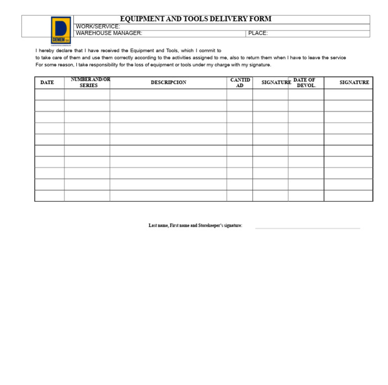 Equipment and Tools Delivery Acknowledgment | PDF