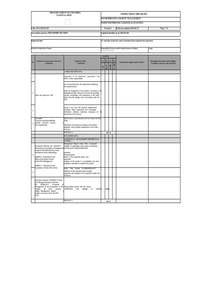 Colombia Military Logistics Inspection Checklist | PDF | Logistics ...