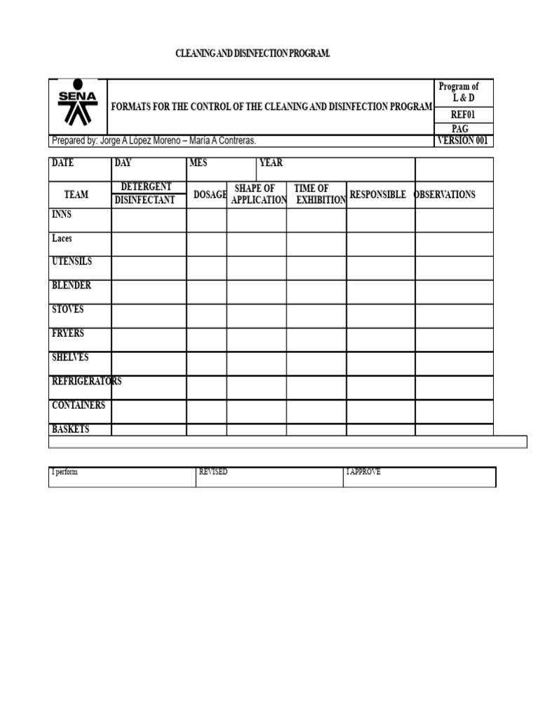 Formats For The Control of The Cleaning and Disinfection Program | PDF ...