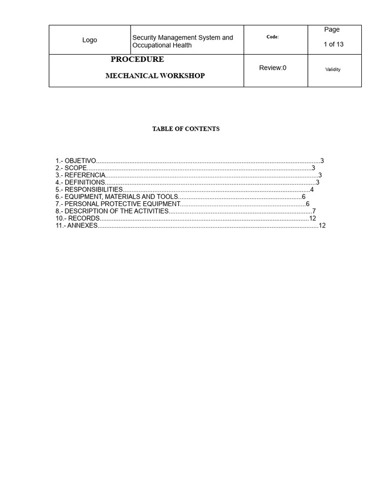 Mechanical Workshop Safety Procedure | PDF | Occupational Safety And ...