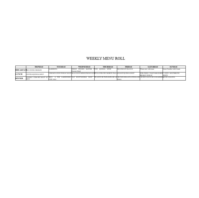 Weekly Menu: Daily Meal Options | PDF